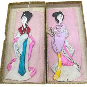 Vintage ornaments 2 Silk Chinese Ladies Lillian Vernon 6603 box layered 6" READ
